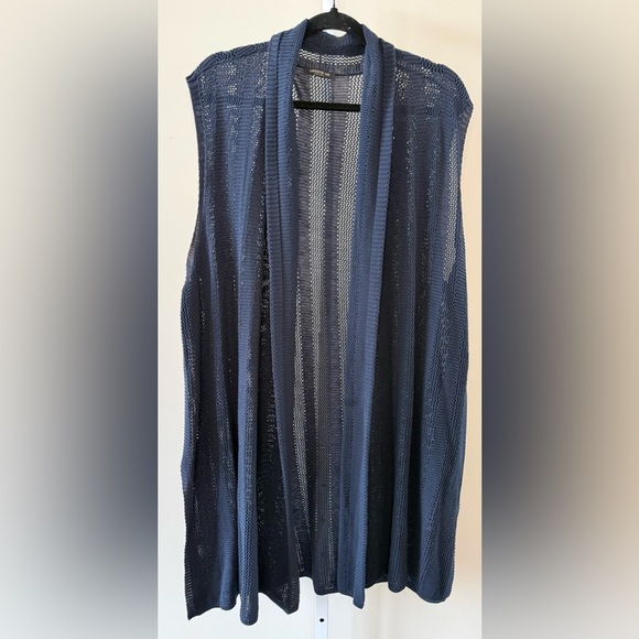 Lafayette 148 NY Navy Open Knit Longline Duster Vest Sleeveless Cardigan